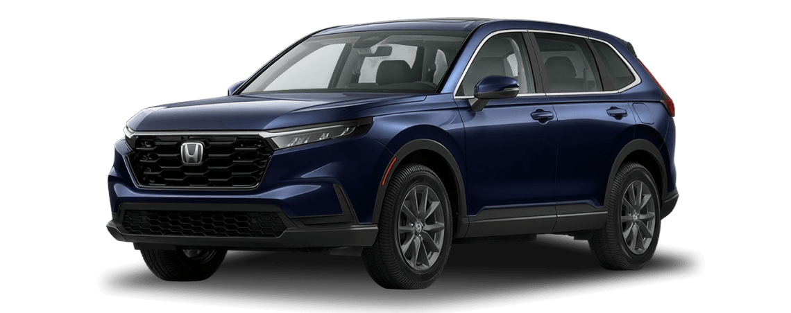 2027 Honda CR-V EX-L shown in Canyon River Blue Metallic in three quarter angle.