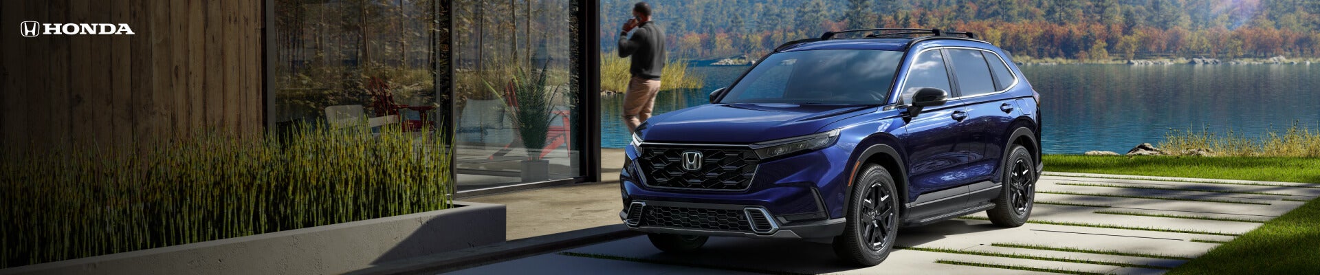 Front three-quarter view of a 2027 Honda CR-V Sport Touring Hybrid in Canyon River Blue Metallic parked outside a modern home.