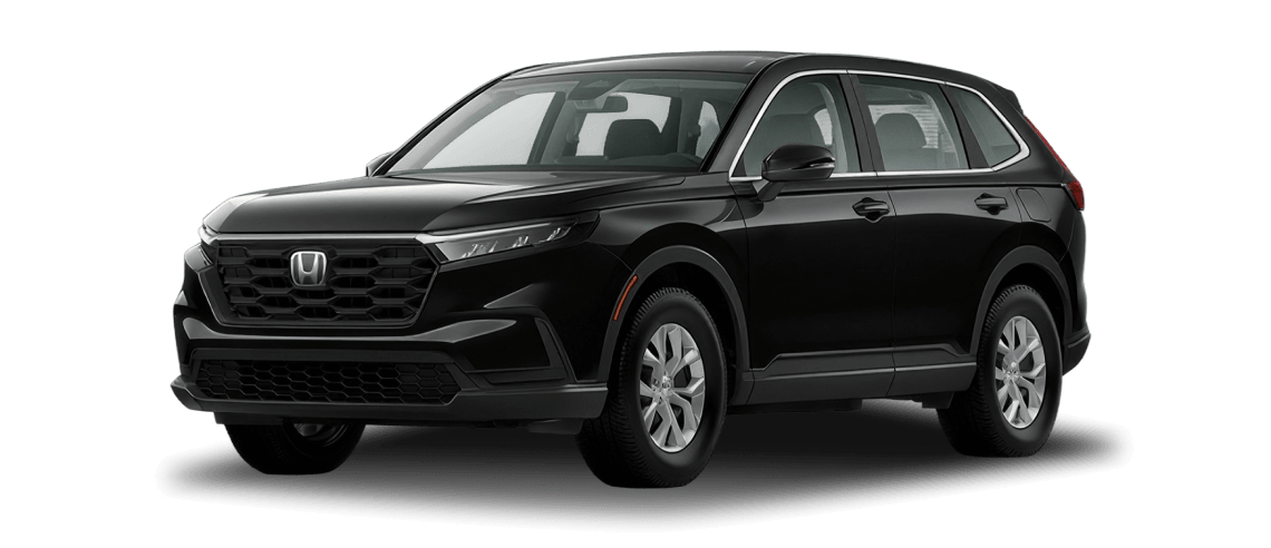 2027 Honda CR-V LX shown in Crystal Black Pearl in three quarter angle.