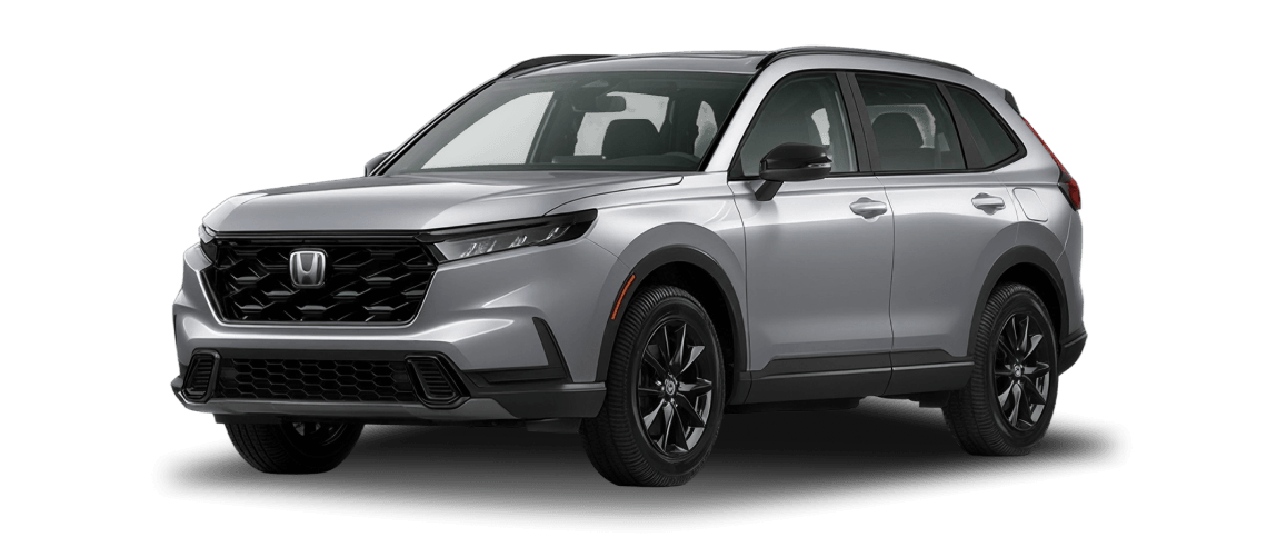 2027 Honda CR-V Sport Hybrid shown in Solar Silver Metallic in three quarter angle.