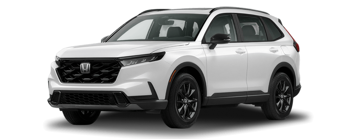 2027 Honda CR-V Sport-L Hybrid shown in Platinum White Pearl in three quarter angle.