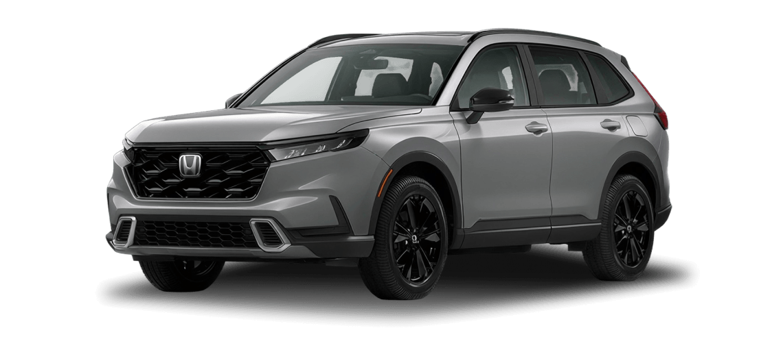 2027 Honda CR-V Sport Touring Hybrid shown in Urban Gray Pearl in three quarter angle.