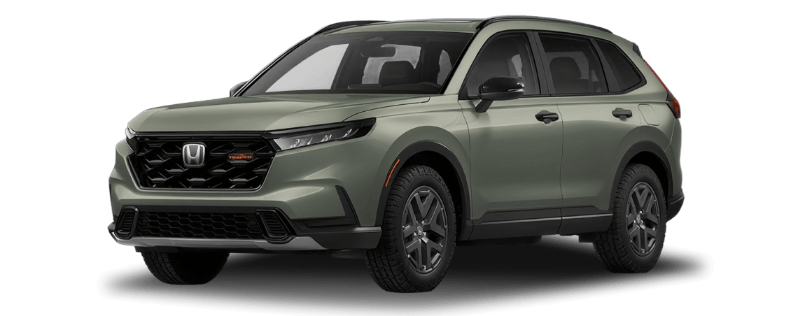 2027 Honda CR-V TrailSport Hybrid shown in Ash Green Metallic in three quarter angle.