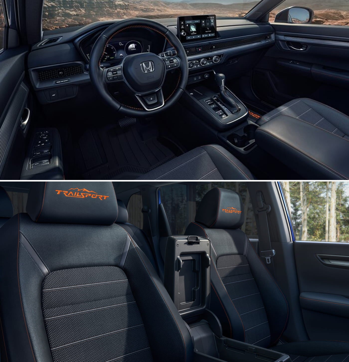 Honda CR-V TrailSport interior featuring the dashboard, infotainment display, and black seats with orange contrast stitching.
