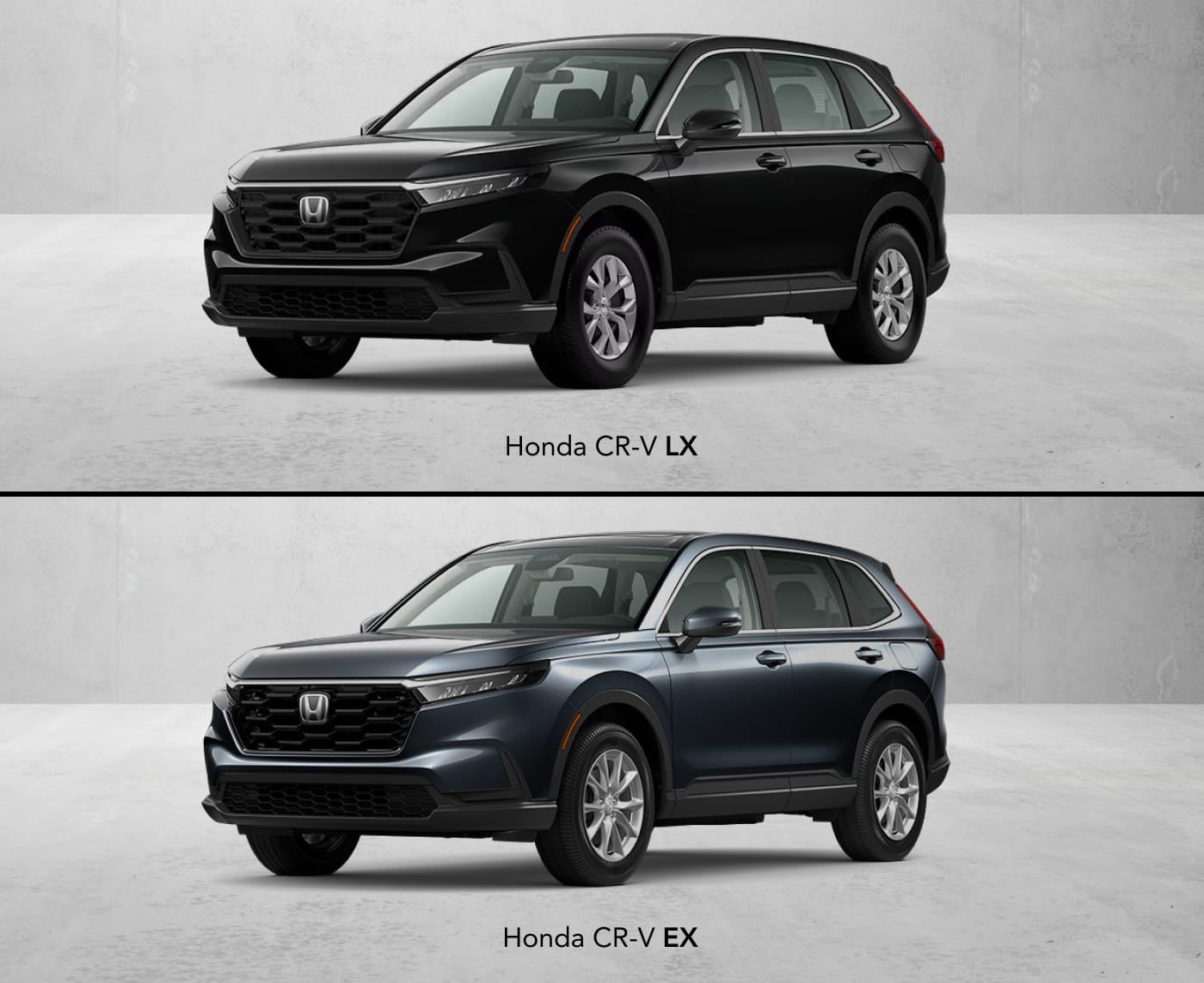 Black Honda CR-V LX and blue Honda CR-V EX shown from the front three-quarter view for a trim comparison.