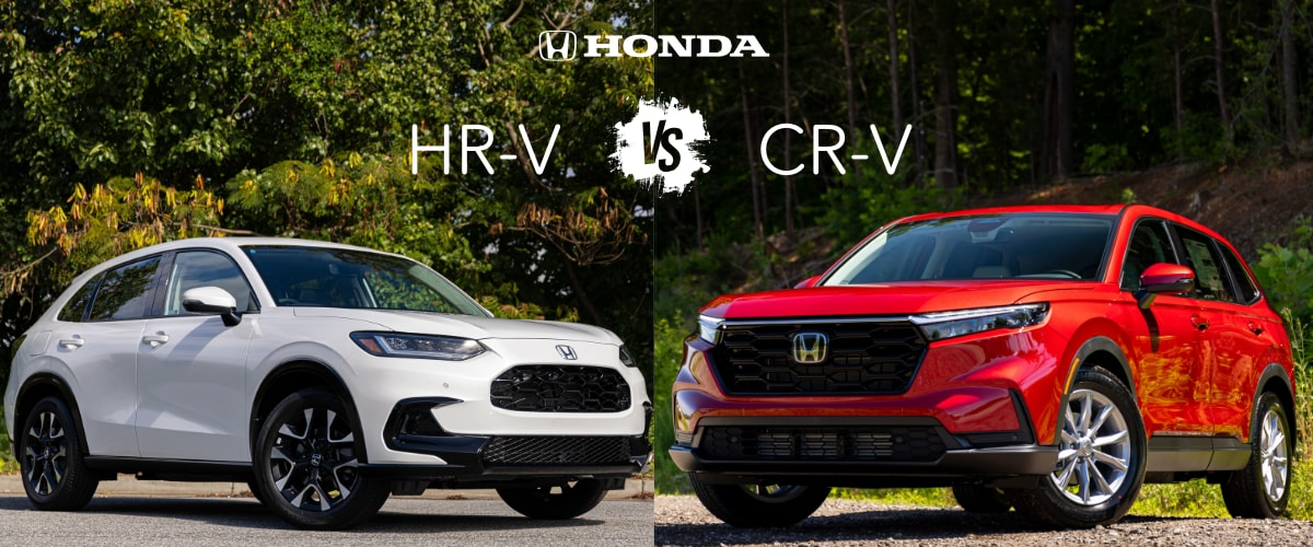 Honda HR-V and CR-V pictured next to each other with text that reads Honda HR-V vs CR-V above the models