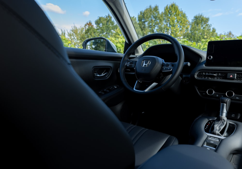 Honda HR-V interior, including the steering wheel and the infotainment system